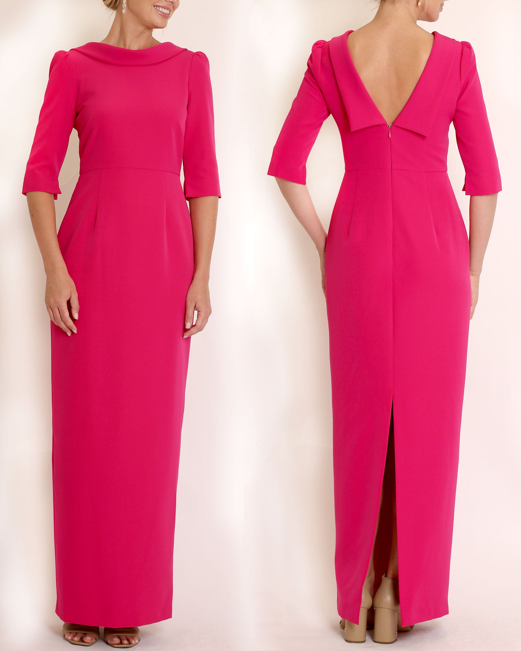 The Rosemary Gown in Berry stretch crepe sheath dress with 3/4 sleeves and v-back detail by Camilyn Beth