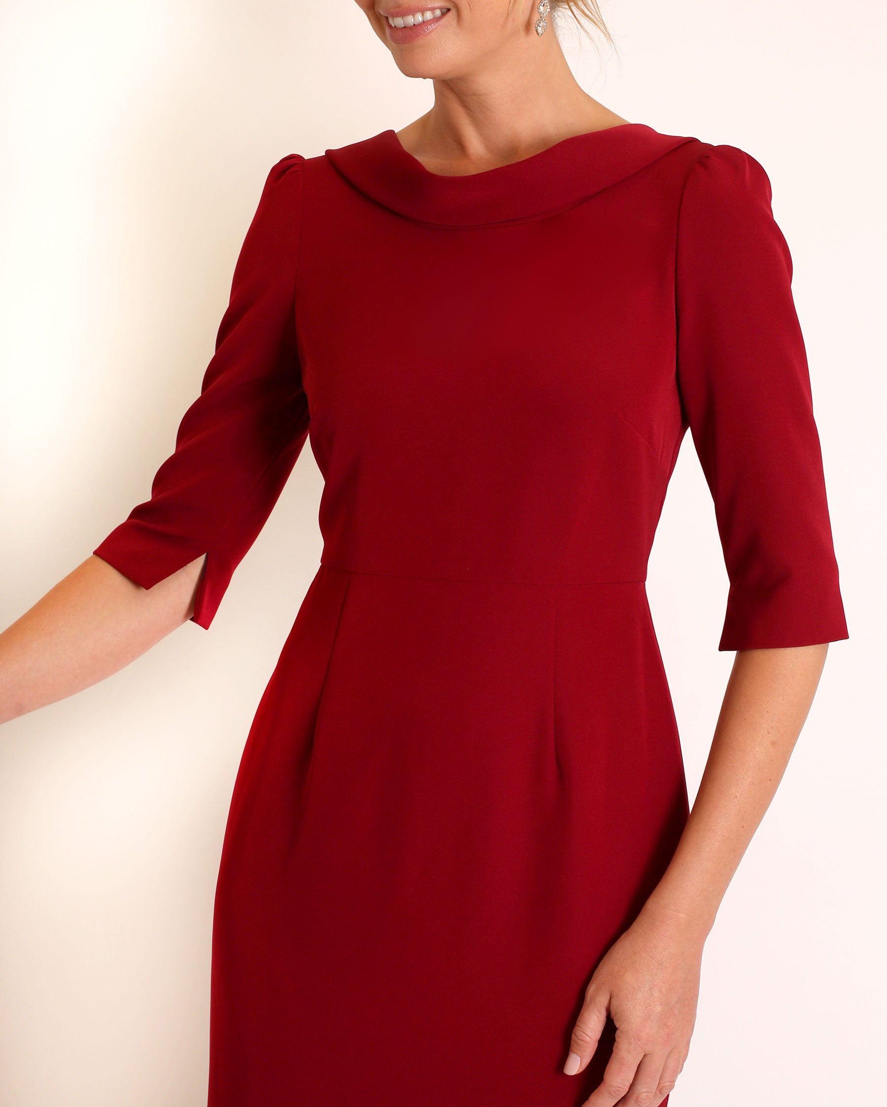 The Rosemary Gown in Burgundy stretch crepe sheath dress with 3/4 sleeves and v-back detail by Camilyn Beth