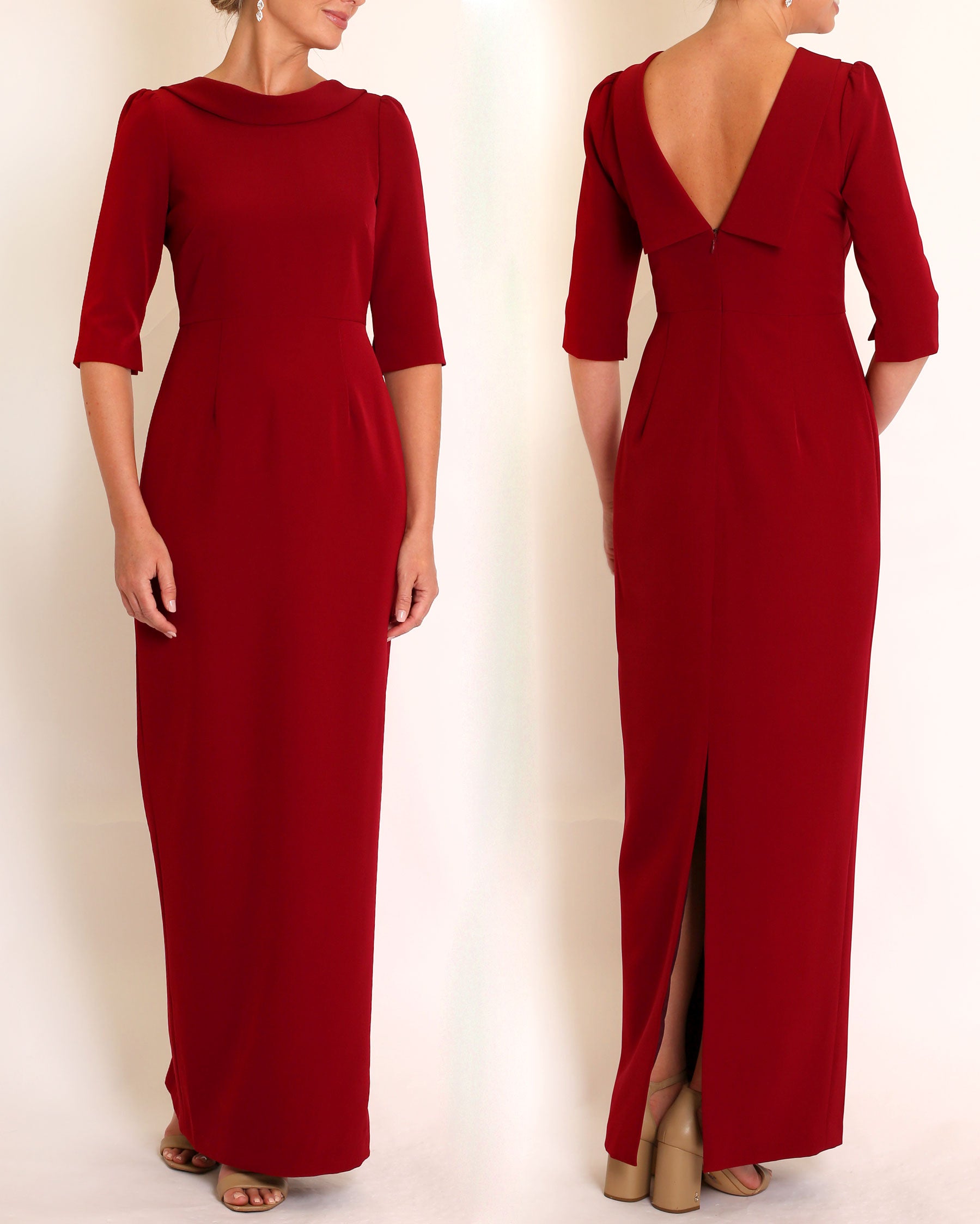 The Rosemary Gown in Burgundy stretch crepe sheath dress with 3/4 sleeves and v-back detail by Camilyn Beth