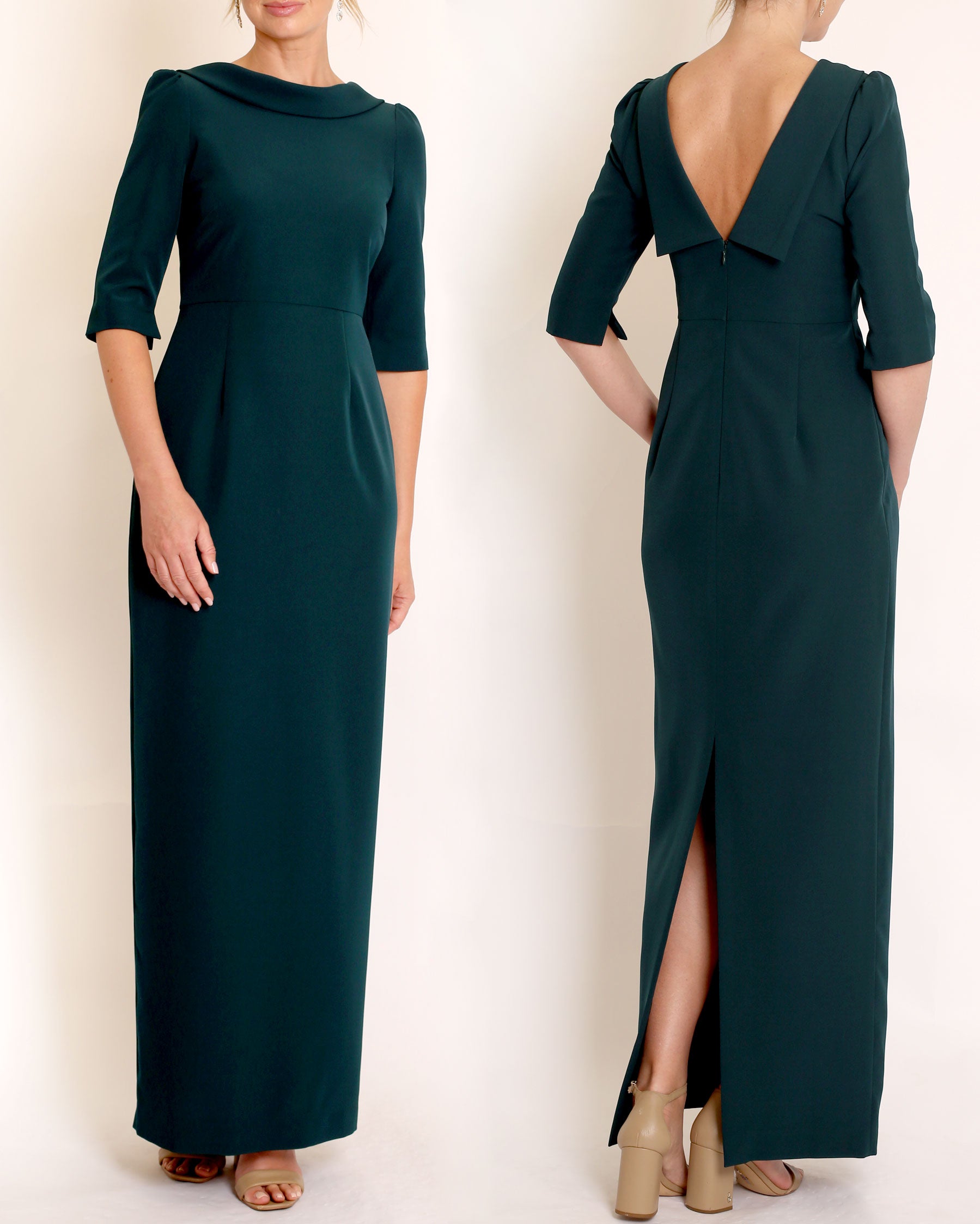 The Rosemary Gown in Evergreen stretch crepe sheath dress with 3/4 sleeves and v-back detail by Camilyn Beth