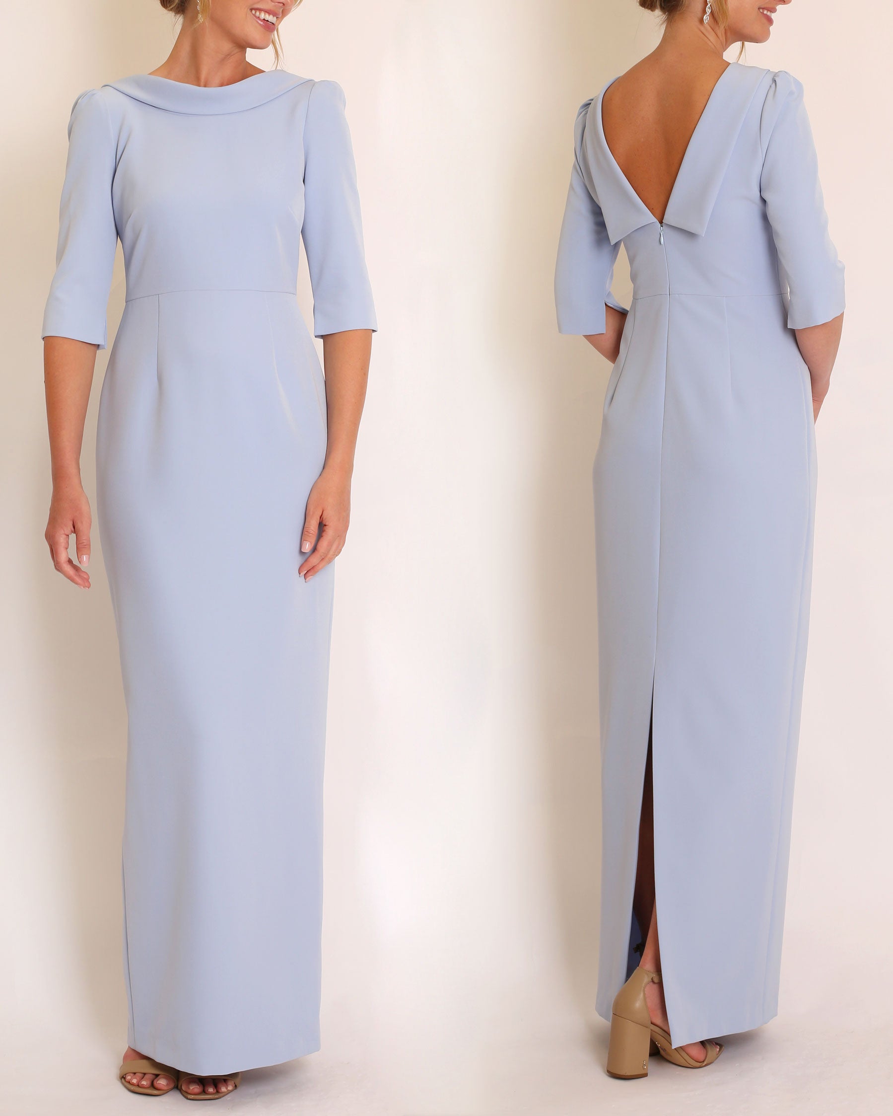 The Rosemary Gown in Light Blue stretch crepe sheath dress with 3/4 sleeves and v-back detail by Camilyn Beth