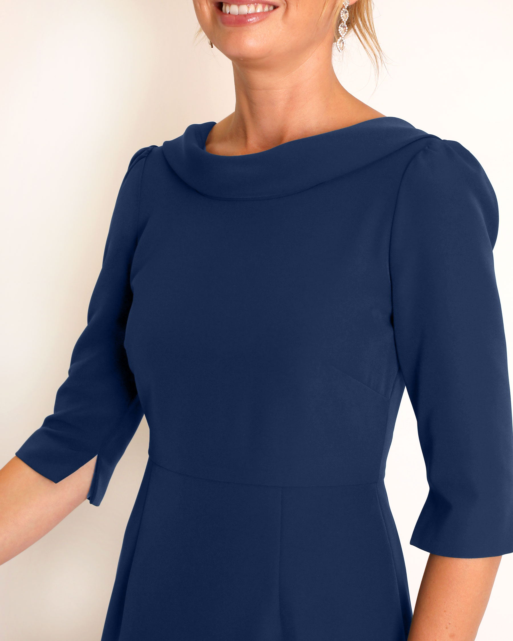 The Rosemary Gown in Navy stretch crepe sheath dress with 3/4 sleeves and v-back detail by Camilyn Beth