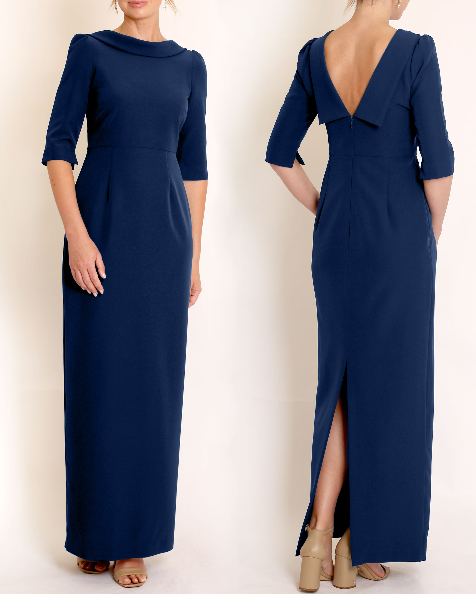The Rosemary Gown in Navy stretch crepe sheath dress with 3/4 sleeves and v-back detail by Camilyn Beth