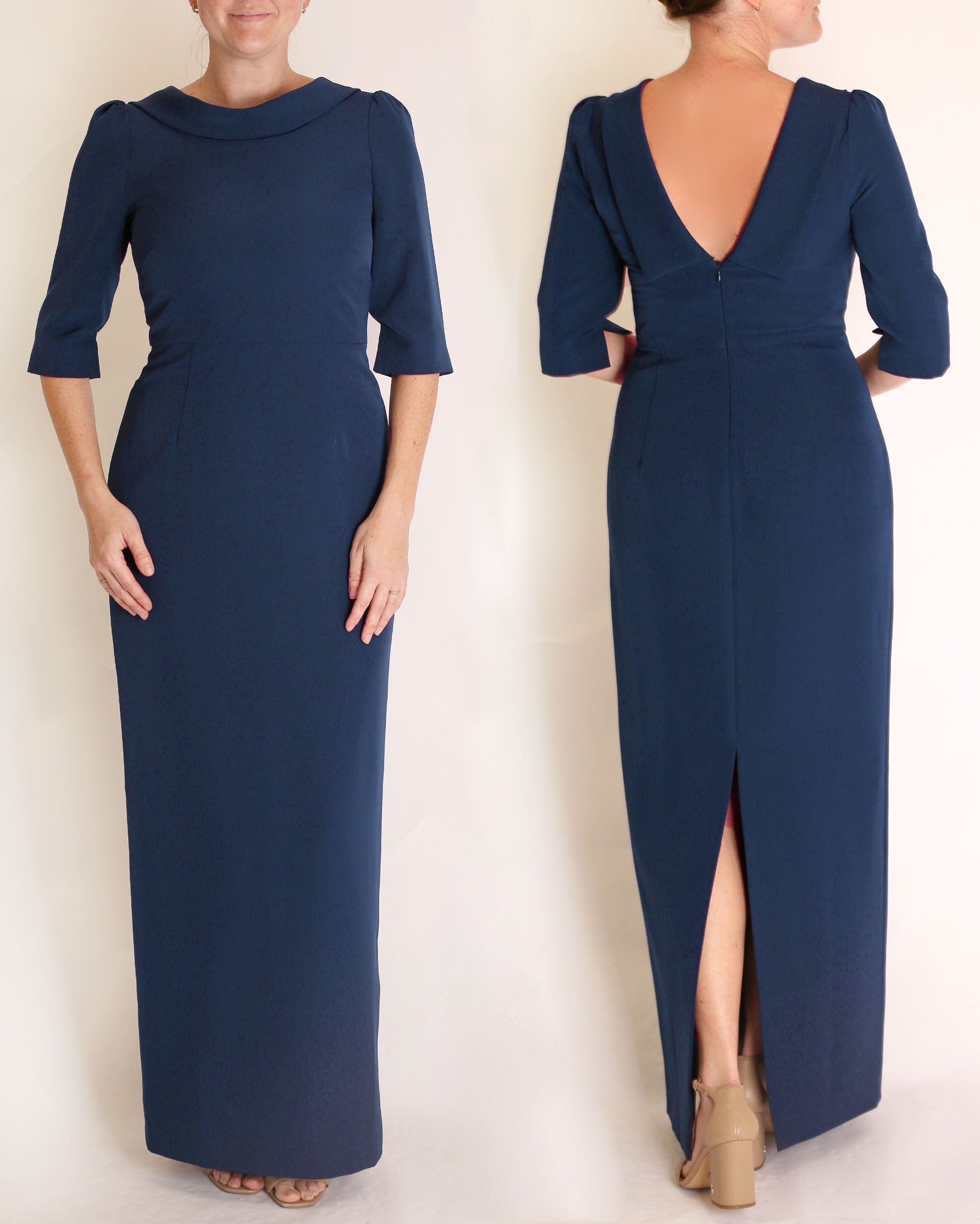 The Rosemary Gown in Navy stretch crepe sheath dress with 3/4 sleeves and v-back detail by Camilyn Beth