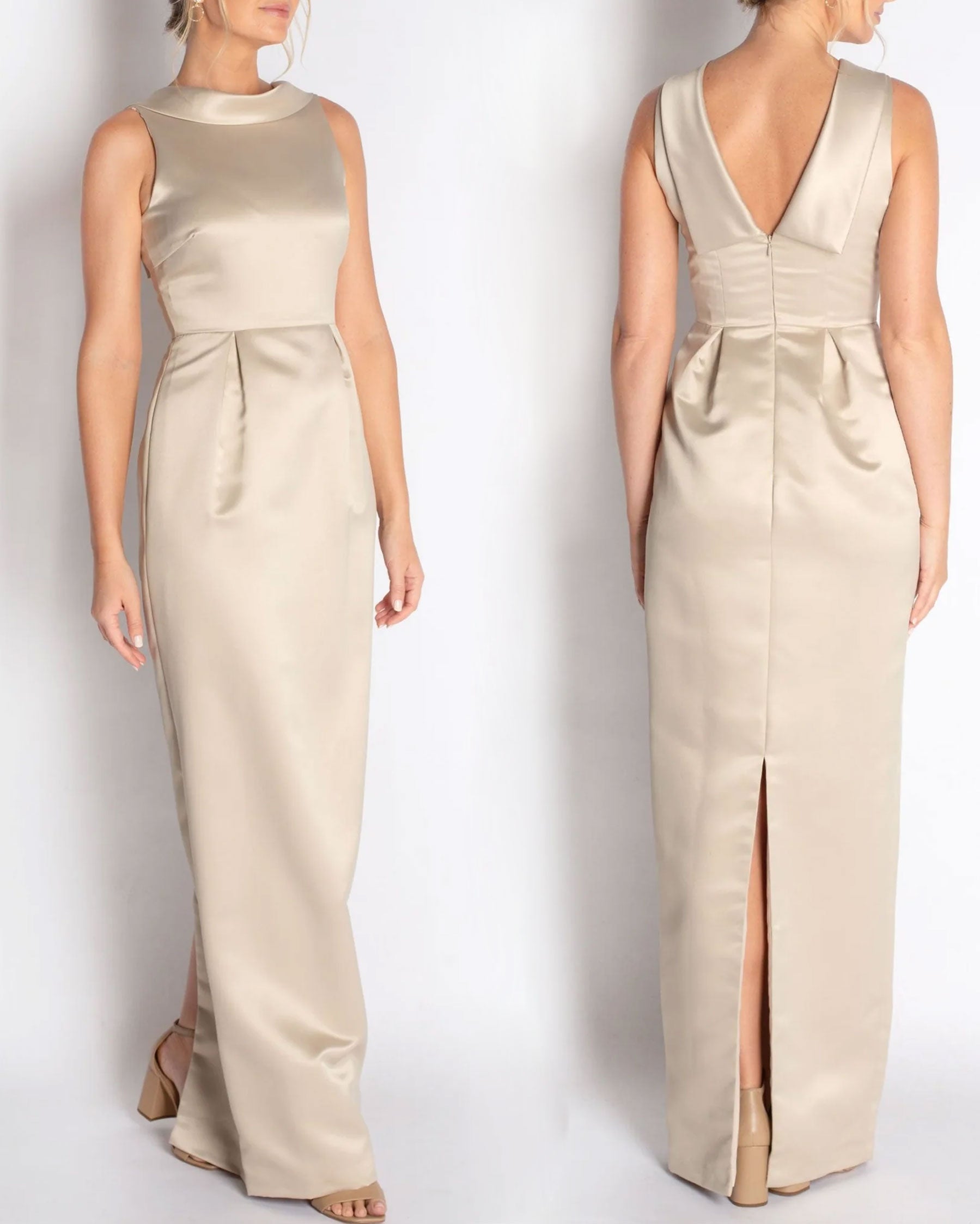 A floor-length sleeveless Champagne Satin gown with a rolled collar neckline and a V-back detail.