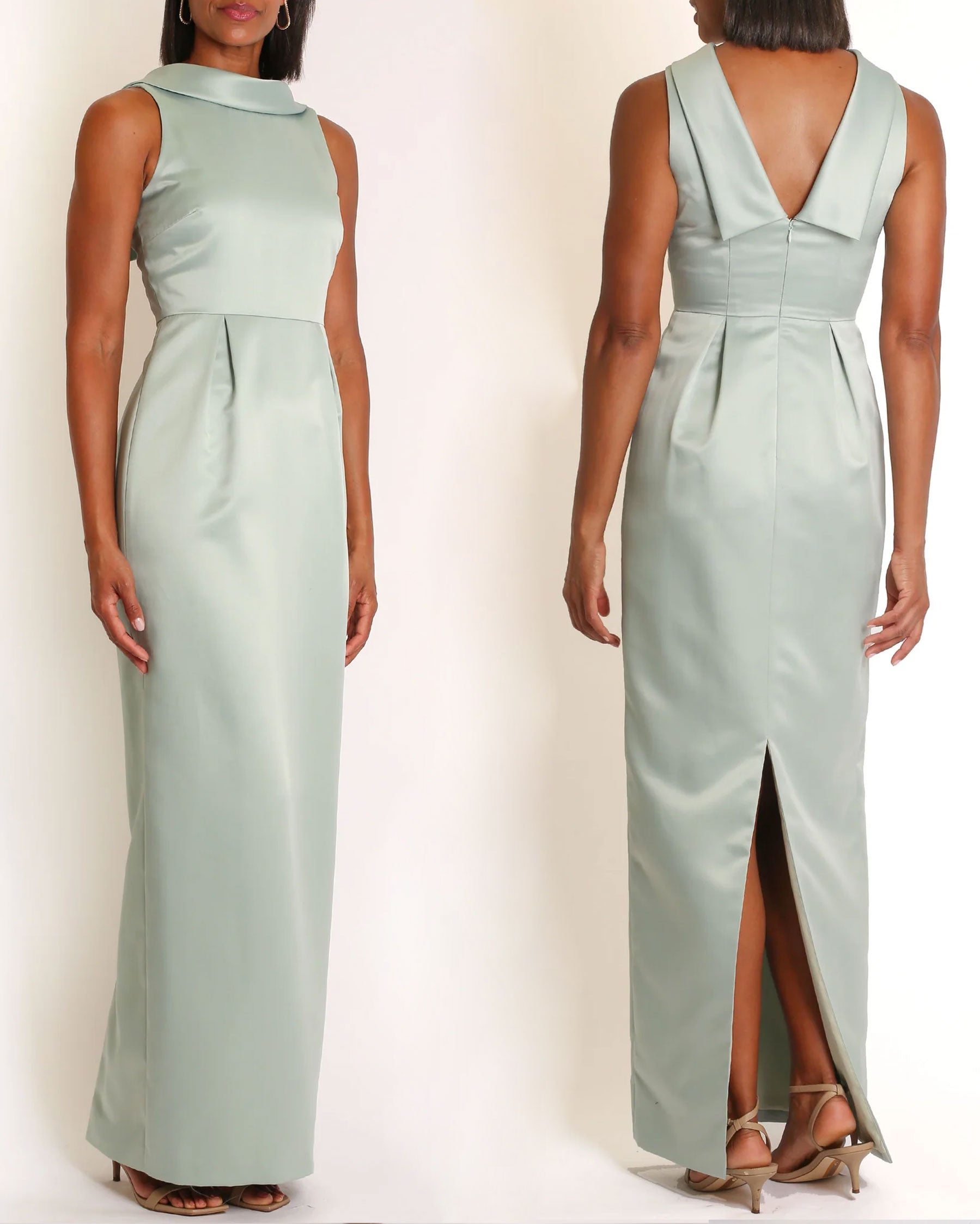 A floor-length sleeveless Eucalyptus Satin gown with a rolled collar neckline and a V-back detail.