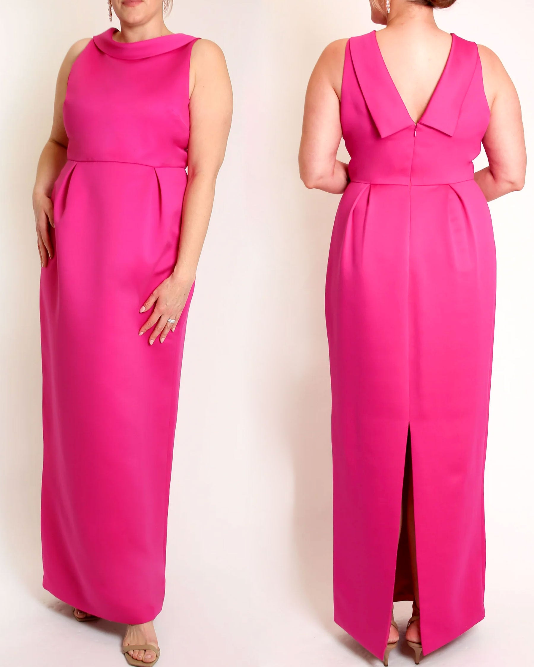 A floor-length sleeveless Fuchsia Matte Satin gown with a rolled collar neckline and a V-back detail.