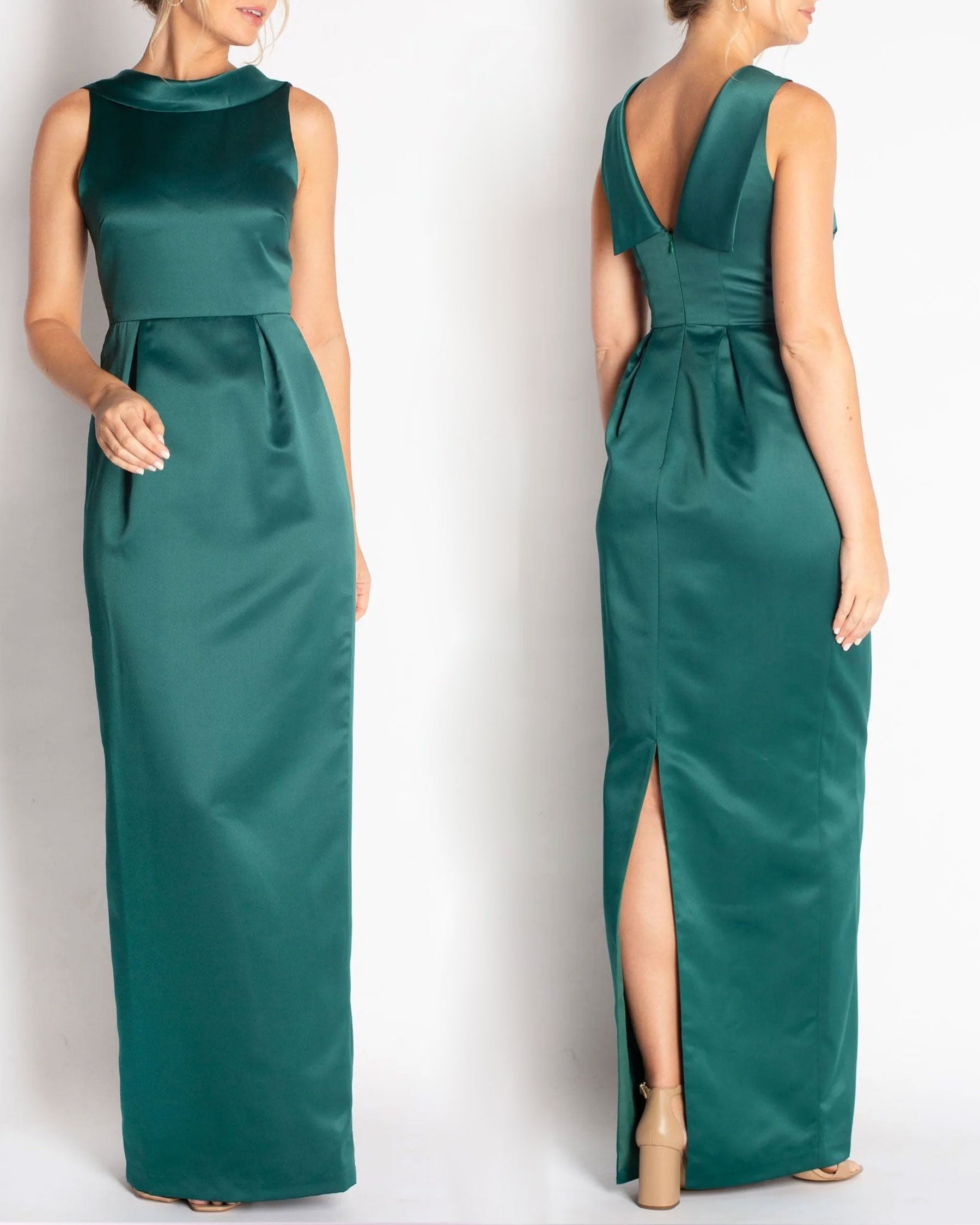 A floor-length sleeveless Hunter Green Satin gown with a rolled collar neckline and a V-back detail.