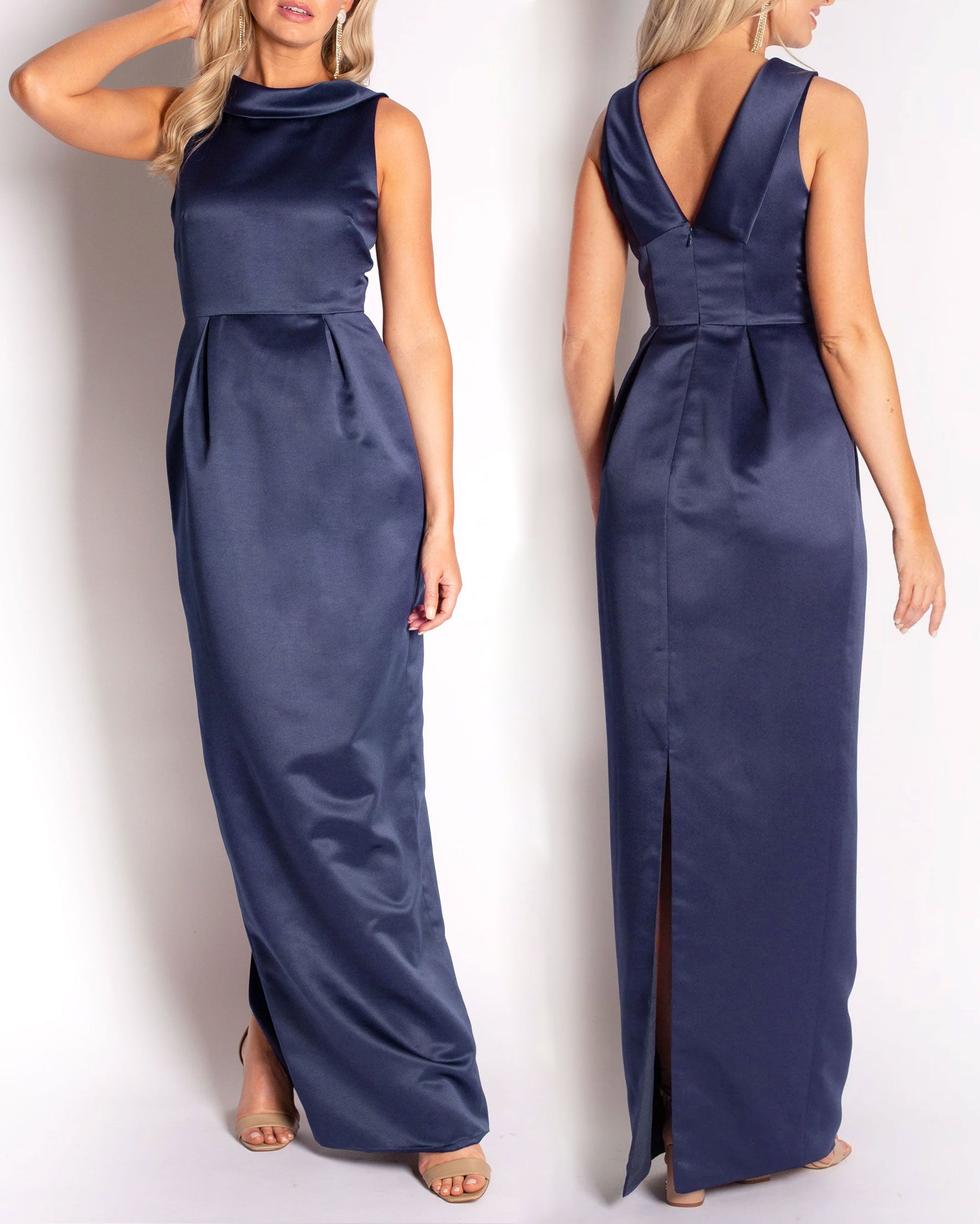 A floor-length sleeveless Navy Satin gown with a rolled collar neckline and a V-back detail.