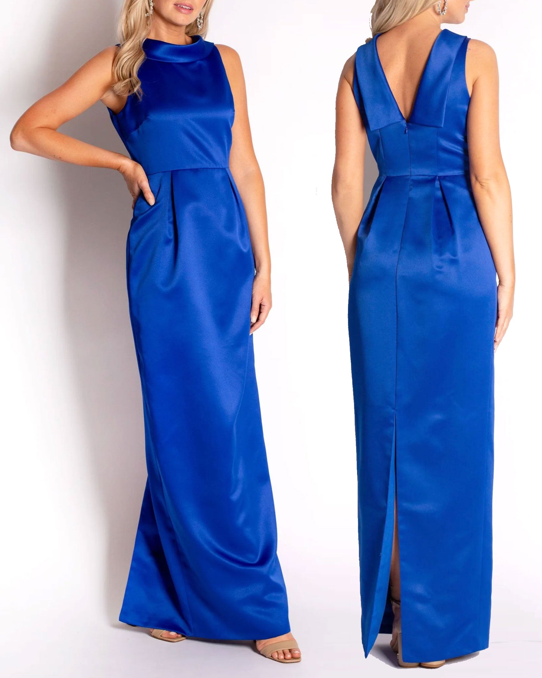 A floor-length sleeveless Royal Blue Cobalt Satin gown with a rolled collar neckline and a V-back detail.