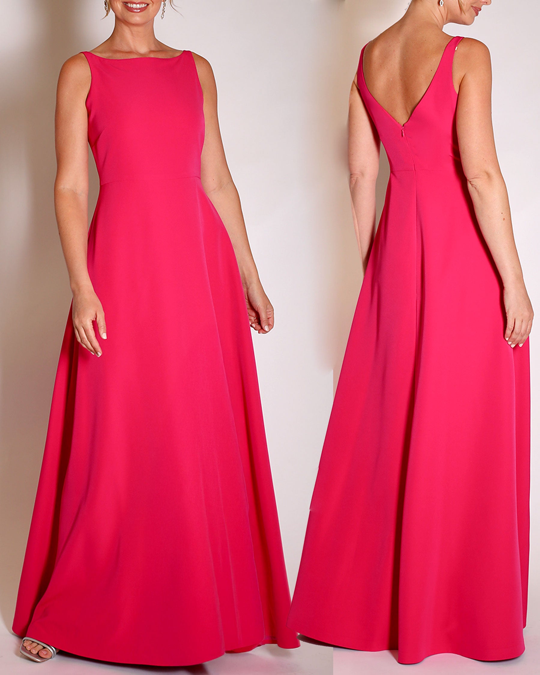 Berry floor length evening gown with boat neck detail and v-back. A-line flared skirt with front side slit and pockets.