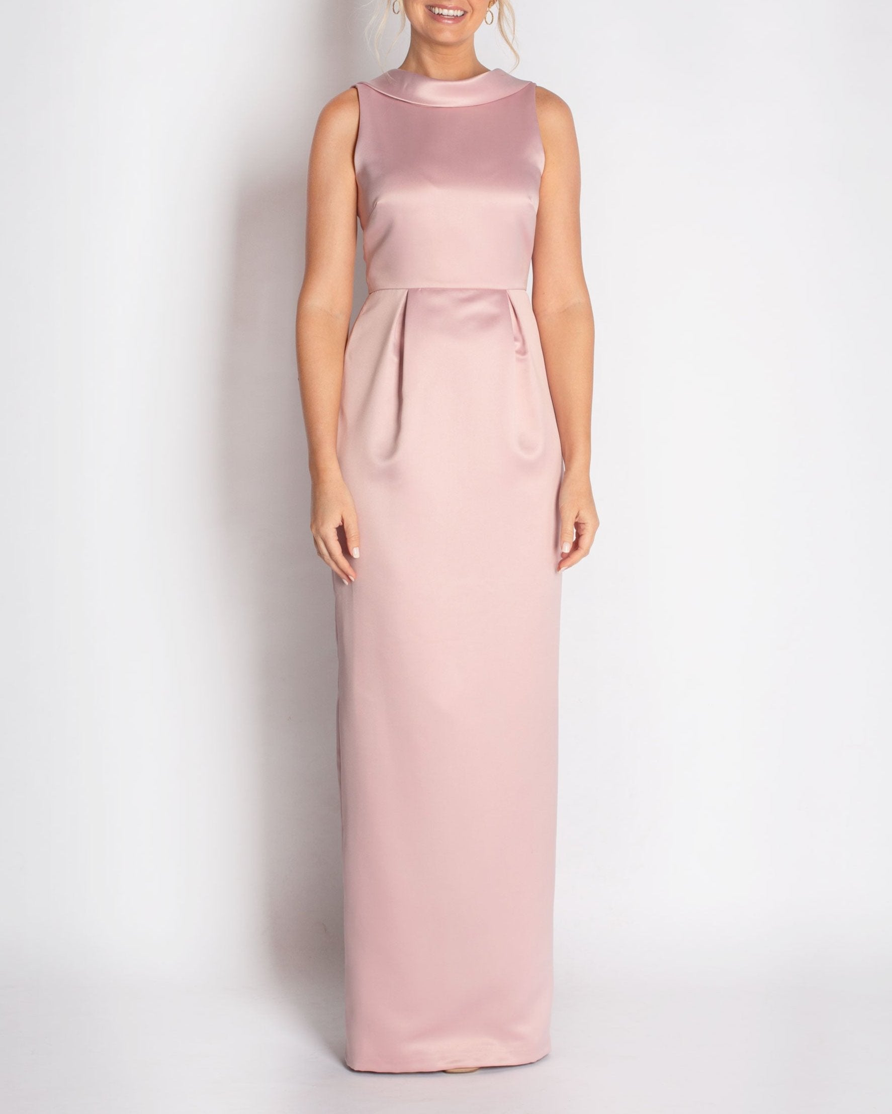 A floor-length sleeveless Rose Satin gown with a rolled collar neckline and a V-back detail.