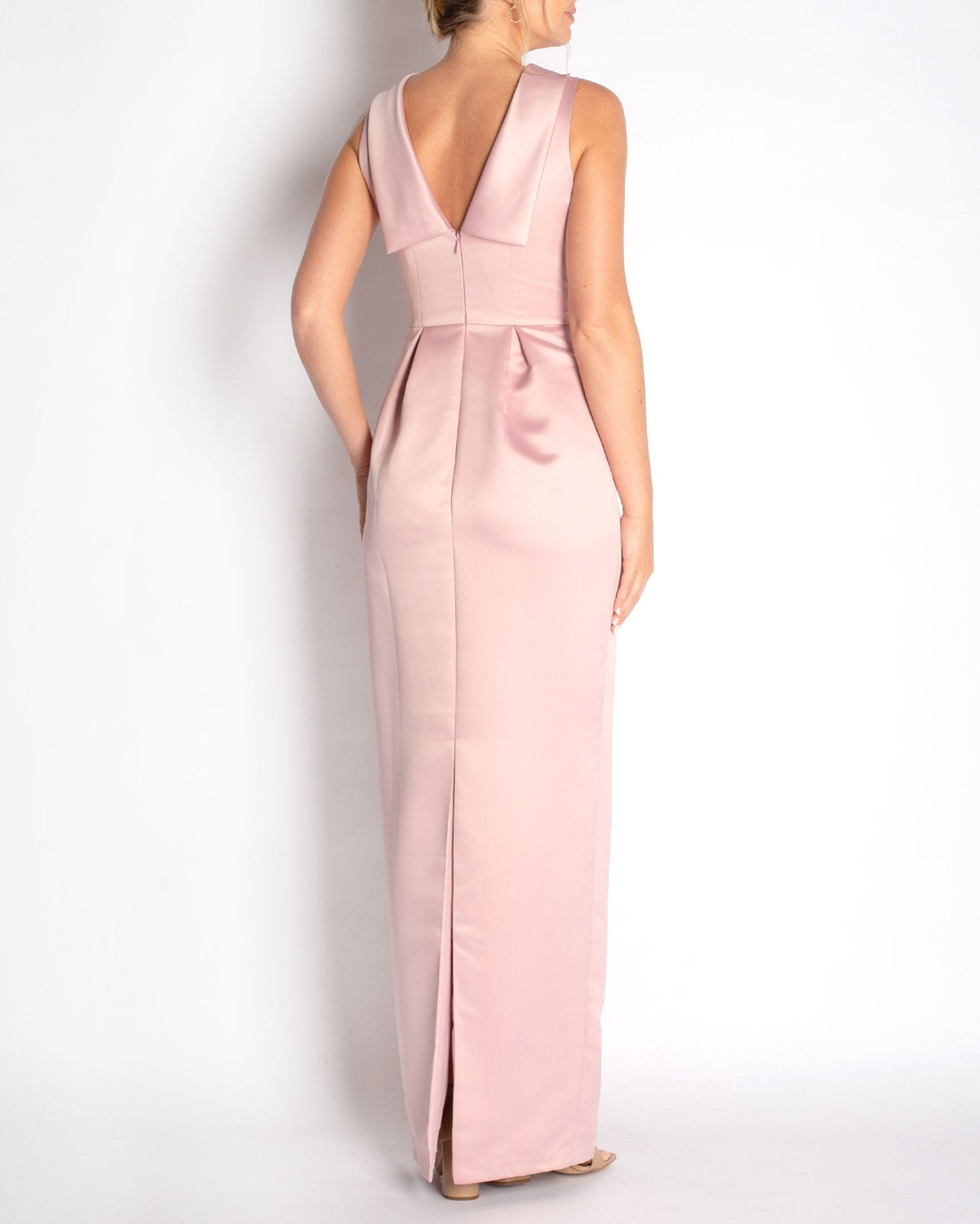 A floor-length sleeveless Rose Satin gown with a rolled collar neckline and a V-back detail.