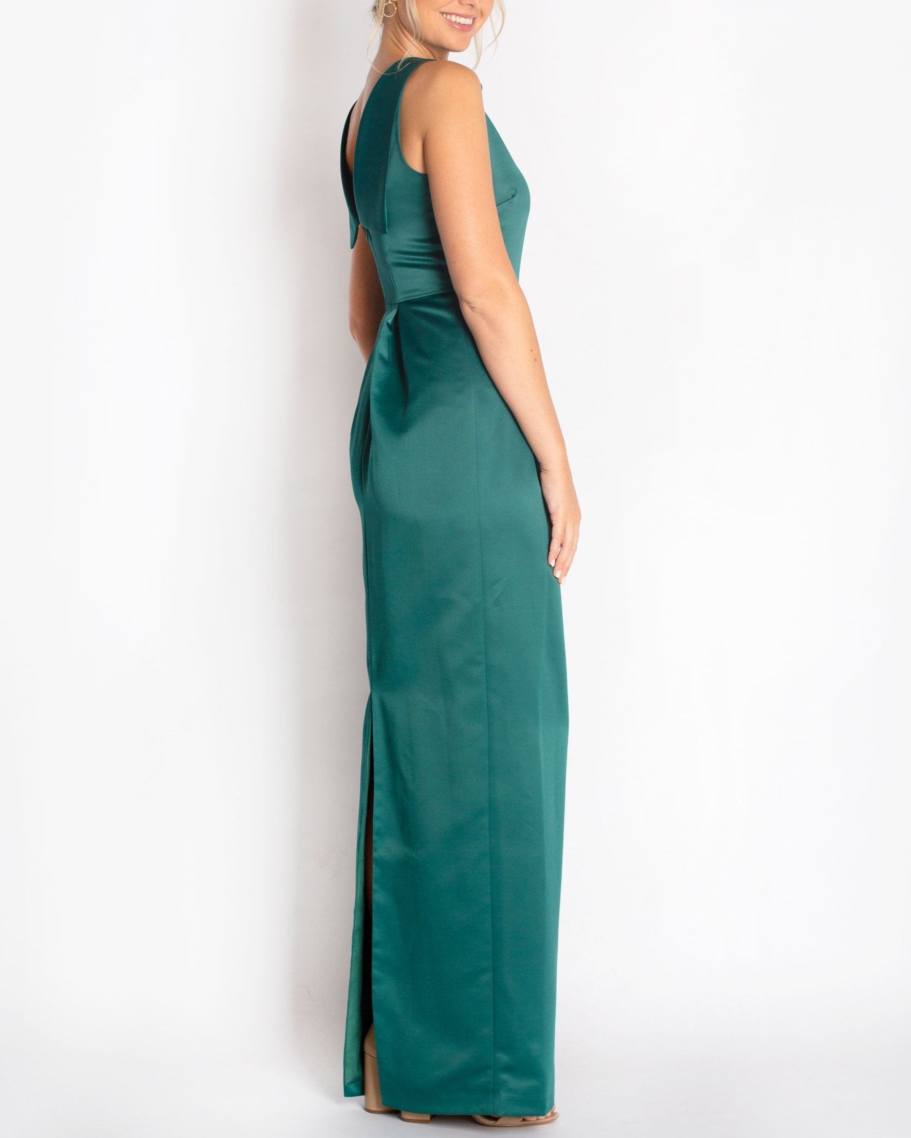 A floor-length sleeveless Hunter Green Satin gown with a rolled collar neckline and a V-back detail.